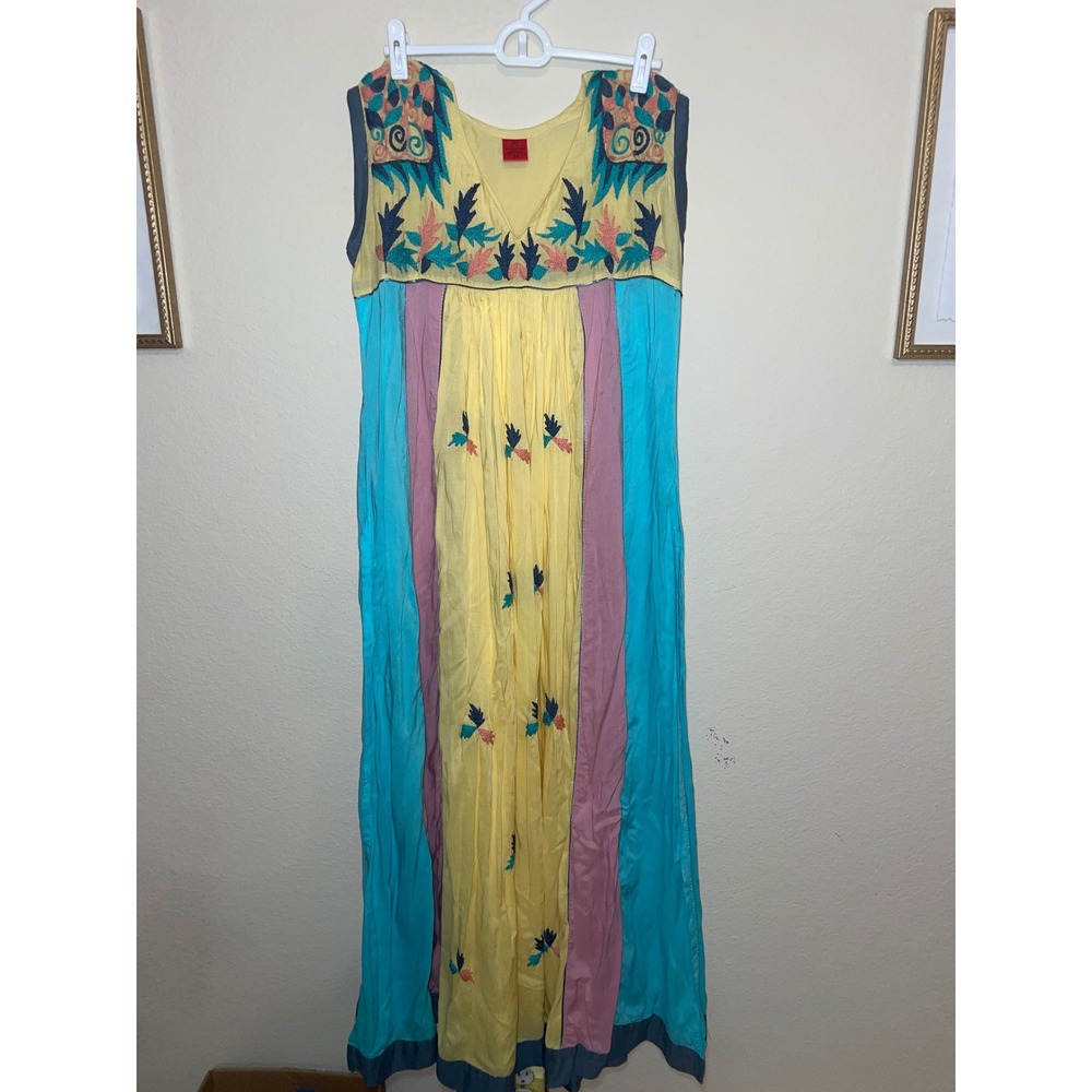 Vintage Cotton Embroidery Color Block Hippie Festival Boho Dress - Picture 2 of 9
